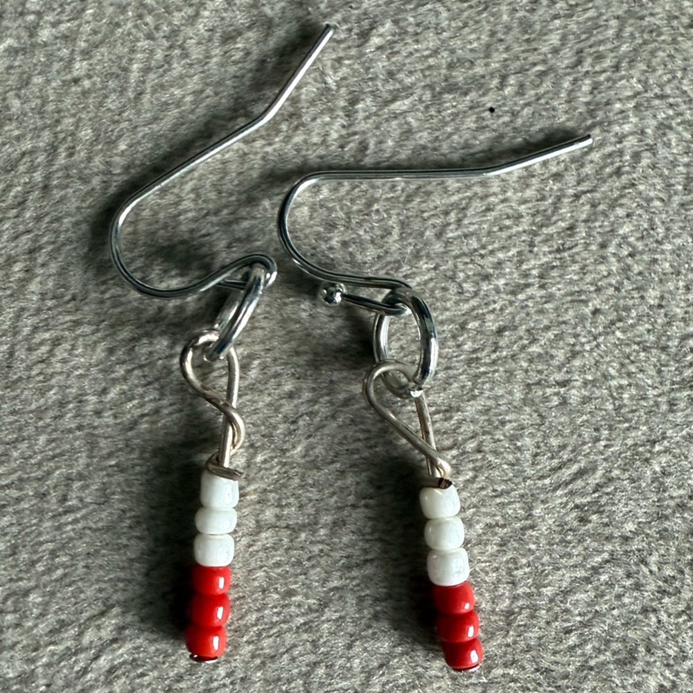 Red and White Beaded Dangle Earrings